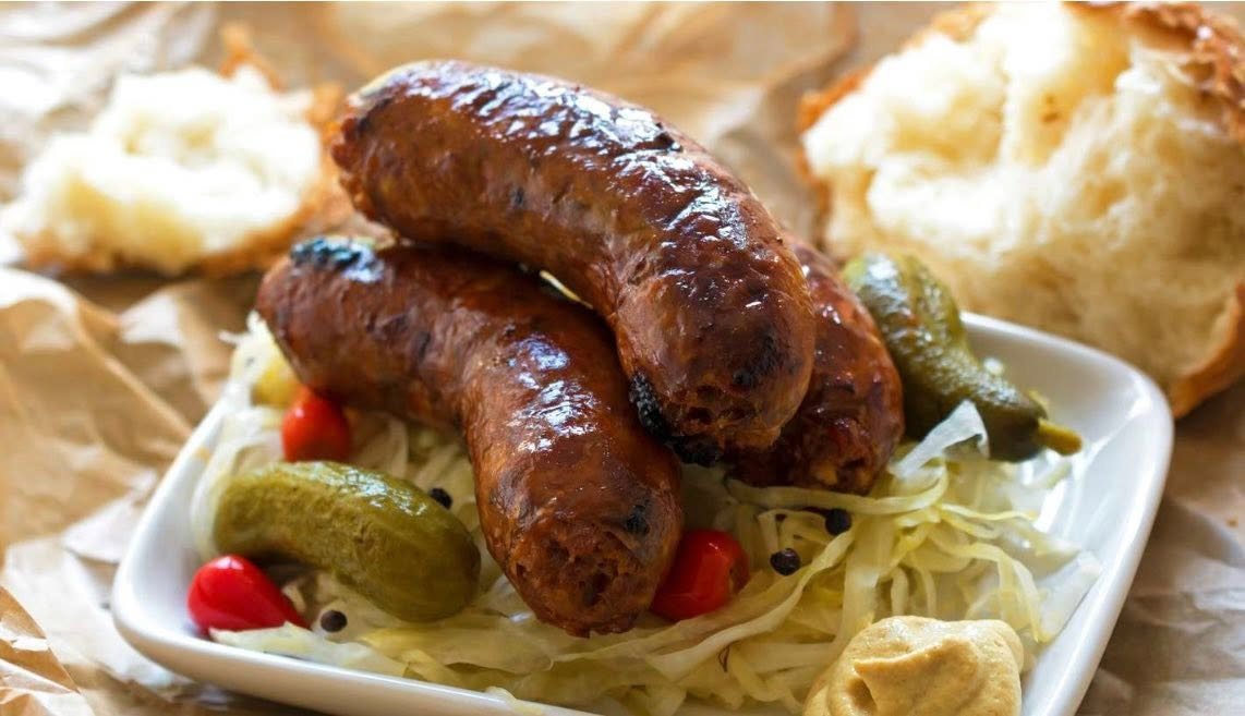 Bratwurst with sauerkraut and mustard — the kind of dish an exchange student brings to a Michigan kitchen
