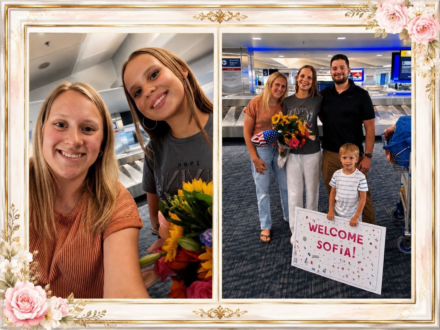 Airport arrival welcome with flowers and a sign