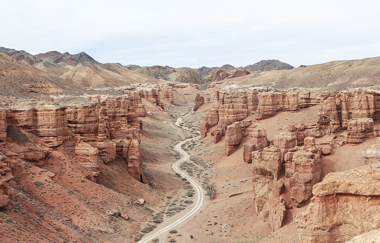Red rock towers and winding trail of Charyn Canyon in Kazakhstan